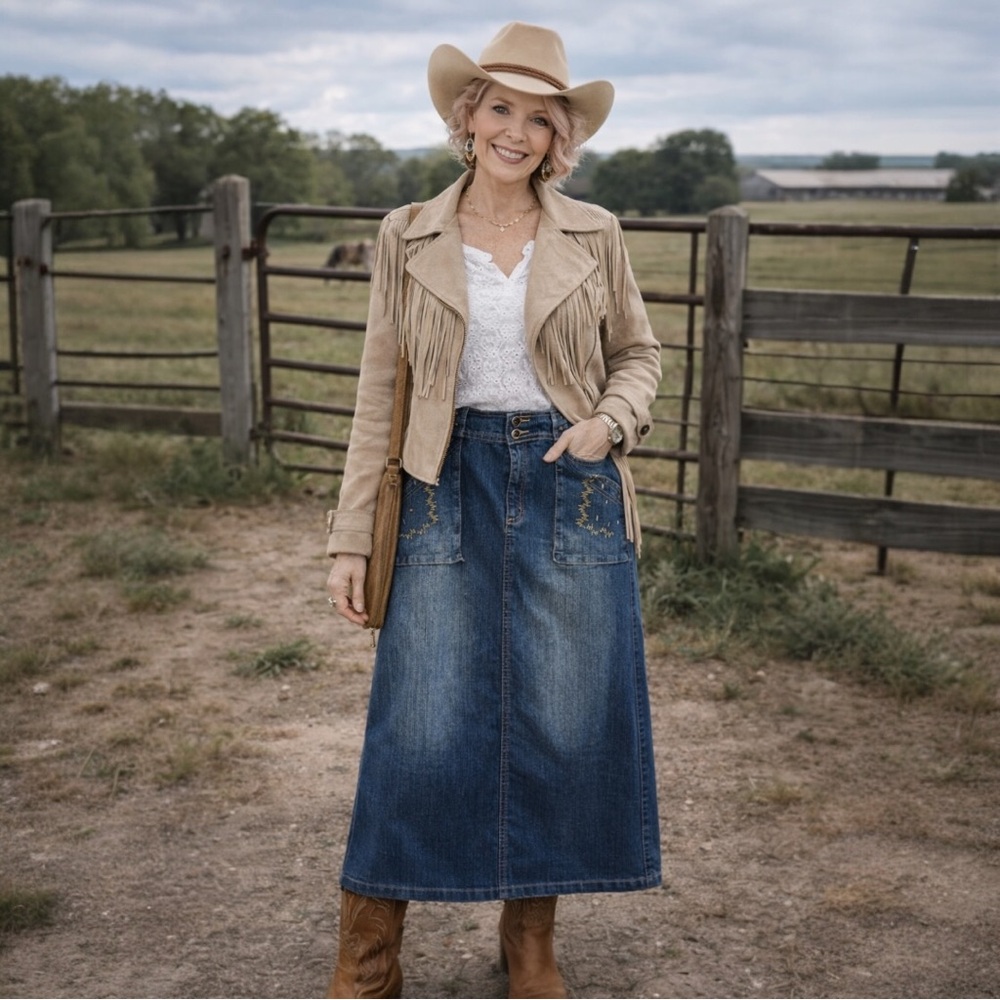 Y2K Stone Jeans Denim Midi Skirt Size 15 Fit 14/16 Back Slit Embroidered Pocket